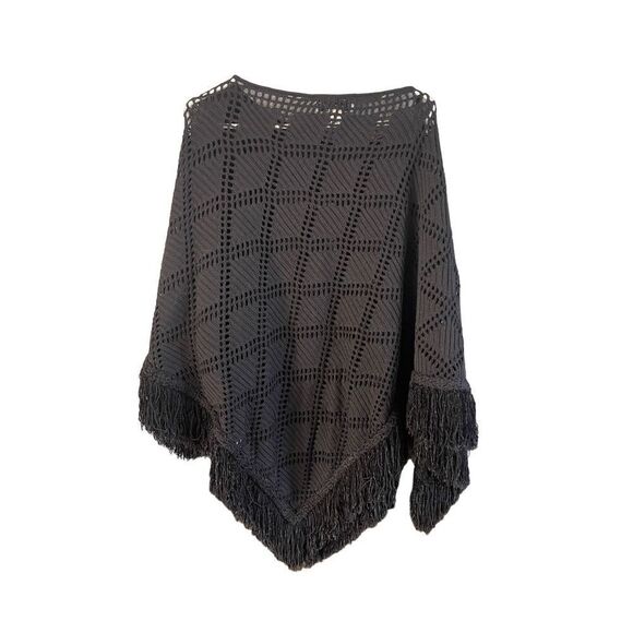 St. John Collection Women Black Ladder Lace Cut-Out Fringe Poncho Sweater Large - Picture 5 of 14